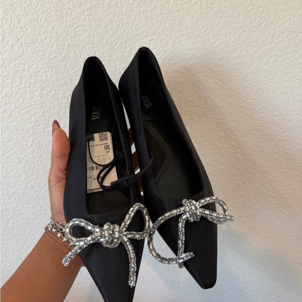 Zara Black Flats with Silver Embellished Bow